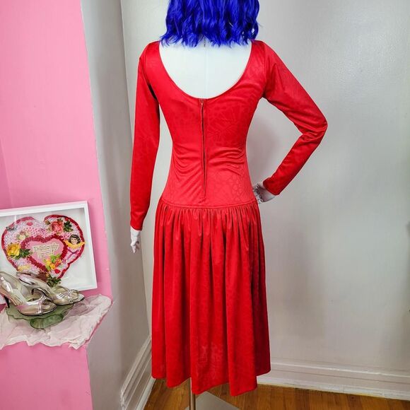 Vintage 80s Red Long Sleeve Rouched Dress - Picture 3 of 8